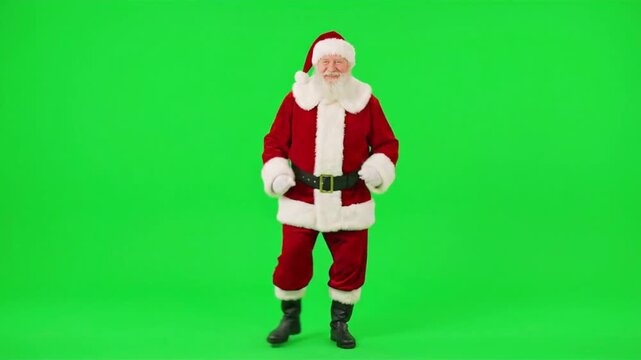 Santa Claus wearing traditional red suit dancing joyfully against a solid green screen background