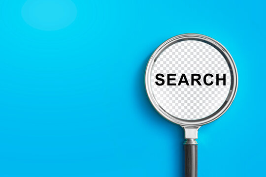 Magnifying glass with SEARCH text over a transparent checkerboard area on a bright blue background. Digital search, information retrieval and online research concept with copy space.