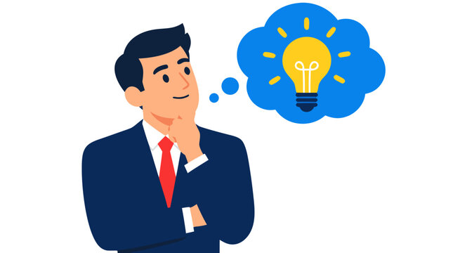Pensive businessman touching his chin while imagining a glowing yellow lightbulb inside a blue thought cloud in this creative problem solving flat vector character art illustration