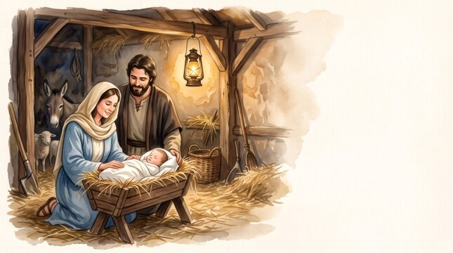 Holy family adoring baby Jesus in stable watercolor