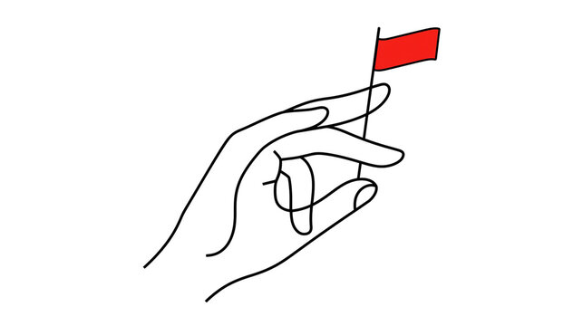 Isolated minimalist line art drawing of a hand holding a red flag and text k (1611)