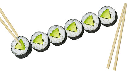 Isolated Delicious avocado sushi rolls, traditional Japanese cuisine with fresh green ingredients © Aoife