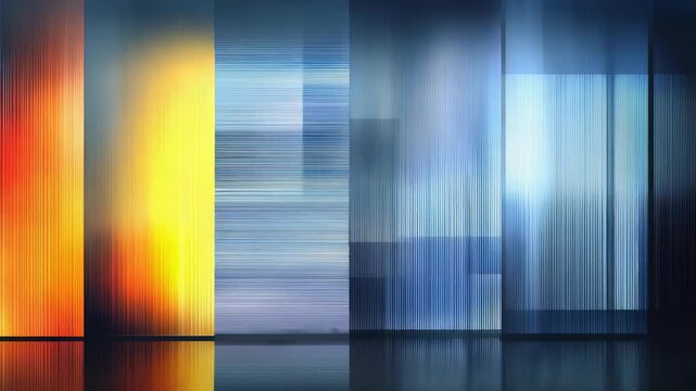 Vivid abstract vertical lines and blurred gradient colors create a modern digital art background. Dynamic stripes in blue, orange, and yellow tones evoke a futuristic and creative atmosphere