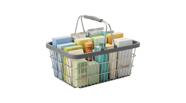 Shopping basket filled with various grocery products isolated on transparent background