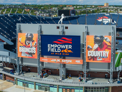 Aerial shot of Empower Field at Mile High home of the Broncos in Denver Colorado USA