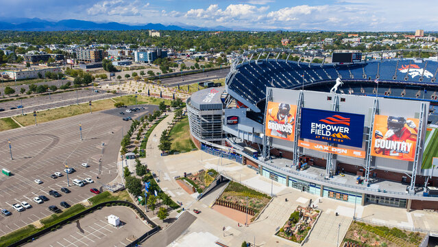 Aerial shot of Empower Field at Mile High home of the Broncos in Denver Colorado USA