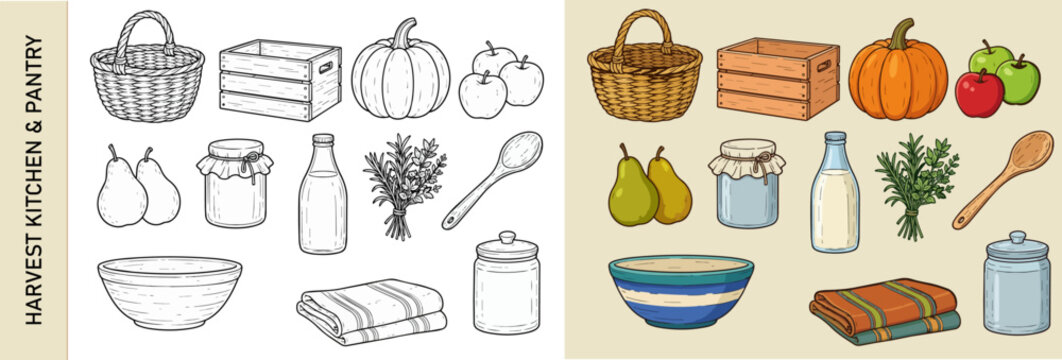 Harvest kitchen and pantry doodle vector set with baskets, preserves and seasonal produce