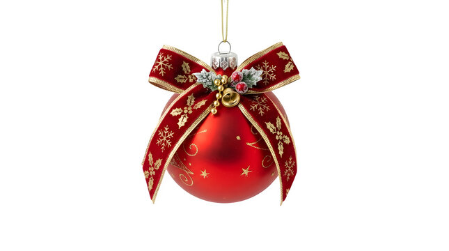 Red christmas ornament ball with a velvet bow, holly berries, and gold snowflake patterns isolated on transparent background
