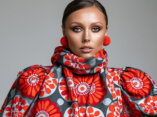 Obraz premium Portret kobiety z wyrazistym makijażem i spiętymi włosami, ubranej w efektowną, jaskrawą kreację w czerwono-szare kwiaty oraz duże, czerwone kolczyki, na szarym tle