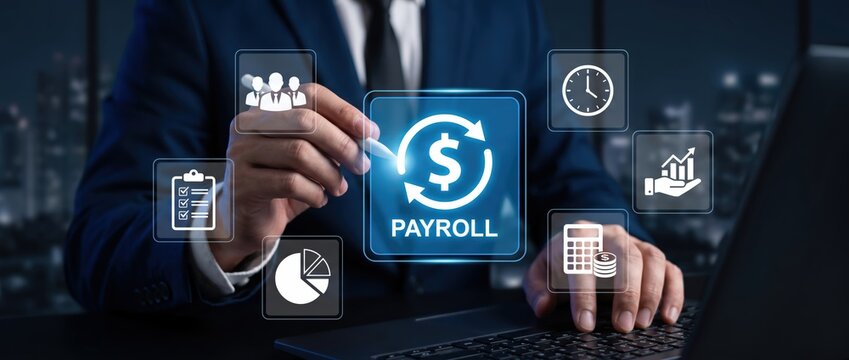 Businessman managing payroll with digital icons on laptop