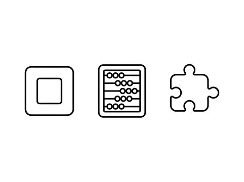 Three outline icons of educational toys with icons arranged horizontally on transparent background
