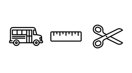 Three simple icons of bus ruler and scissors with black outline icons on transparent background © Urooj