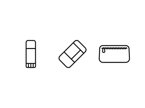 Three stationery items with office supplies arranged, line drawing three on transparent background