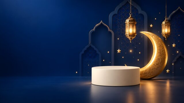 Islamic New Year Banner with 3D Gold Crescent Moon on Ivory Podium Web Header