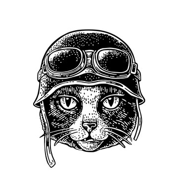 Cat dressed in the helmet and glasses. Vector hand drawn monochrome vintage engraving. Isolated on white background. For poster and t-shirt biker club.
