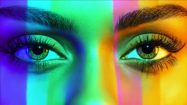 Colourful portrait of woman with vivid makeup on eyes, creating a split between two halves.