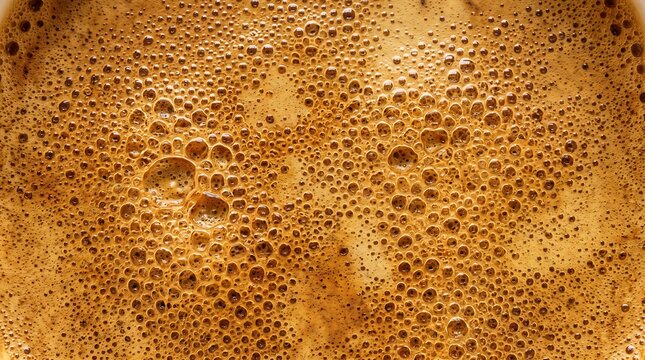 Close-up macro shot of frothy cappuccino foam with small bubbles, a rich brown color, perfect for coffee shop advertising or beverage concepts