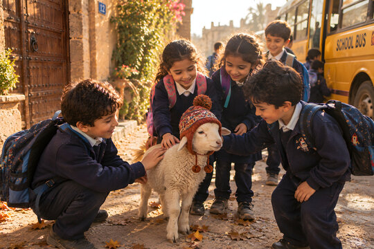 Lamb In Knitted Beanie At School Bus Stop