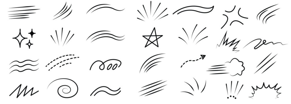 Comic motion lines and speed effect collection with hand drawn action marks. Dynamic black line elements show movement, impact, energy, and motion for comics, posters, stickers, and design.