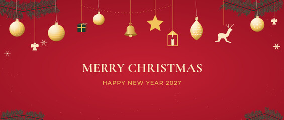 Obraz premium Hanging Christmas icons and New Year greeting background, festive red ornament canopy with baubles, bells, stars, snowflakes, gifts, candles and elegant 2027 typography.