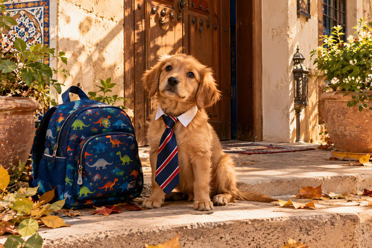 Puppy In Oversized Tie Sitting Beside School Backpack