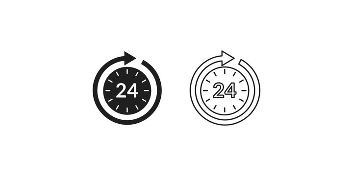 Twenty four hour service clock icons with circular arrow design for business support and logistics availability.