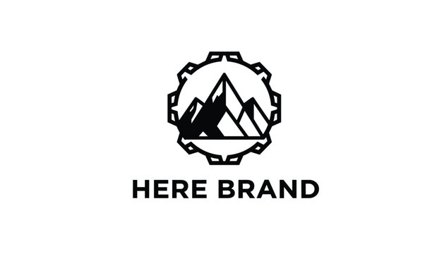 Professional adventure brand logo featuring majestic mountains framed inside a technical gear wheel in crisp black outline design.