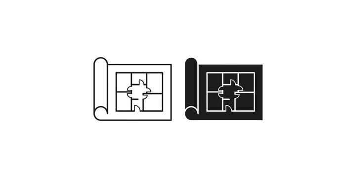 Blueprint roll icon set in solid and outline styles for architectural design and construction.