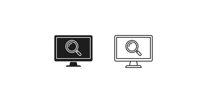 Computer monitor screen icons with magnifying glass search symbol for web browsing and digital analysis.