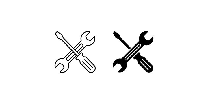 Wrench and screwdriver repair icons in outline and solid black for maintenance and handyman service branding.