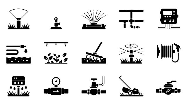 Set of black irrigation and lawn care icons for garden watering and maintenance systems