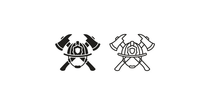 Firefighter helmet and crossed axes rescue emblem icons in black linear and solid graphic styles.