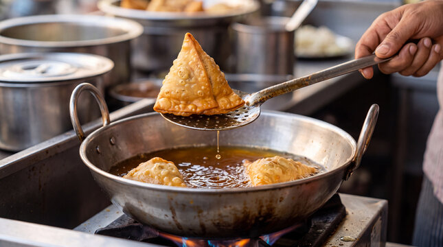 Fresh Indian samosa frying in hot oil, held with a slotted utensil in a busy commercial kitchen, showing golden pastry, crisp texture and cooking action