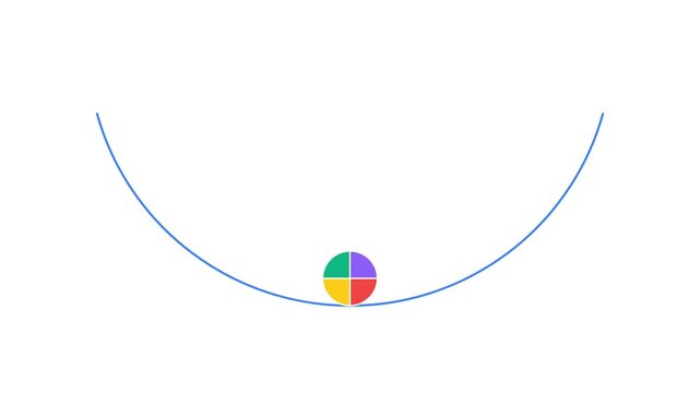 Minimalist graphic animation of a multicolor ball rolling in a bowl