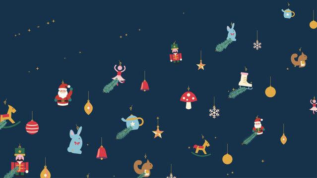 Christmas decoration background with playful tree ornaments, animal figures, rocking horse, teapot and baubles, colorful flat vector holiday wrapping pattern.