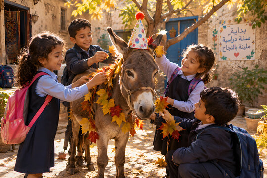 Donkey Decorated With Autumn Leaves By Children