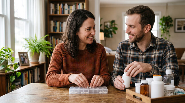 Adult siblings organizing daily care supplies together