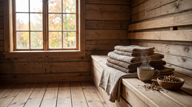 Stacked soft linen towels and a steaming cup of tea resting on wooden benches inside a rustic sauna cabin interior