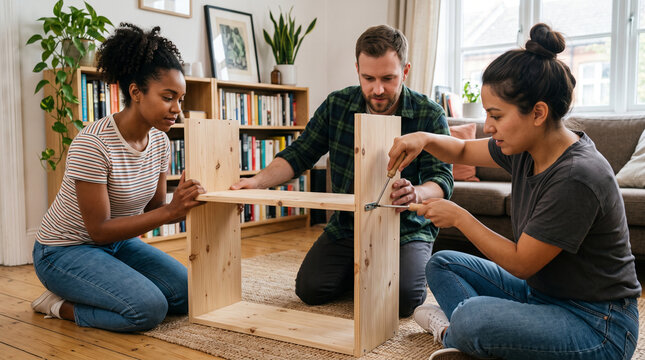 Friends assembling a shelf in a shared apartment