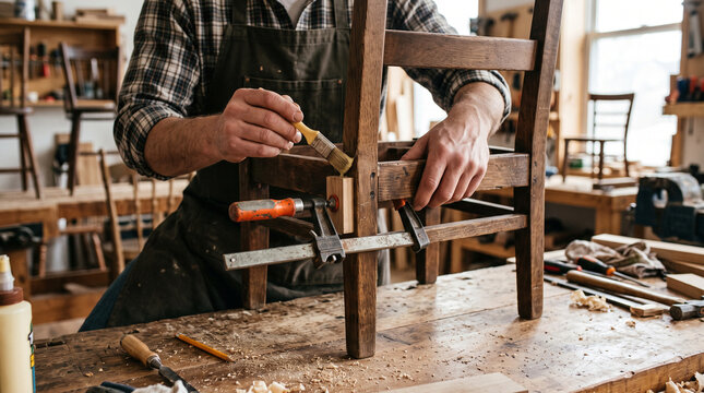 Furniture repairer reinforcing a wooden chair joint