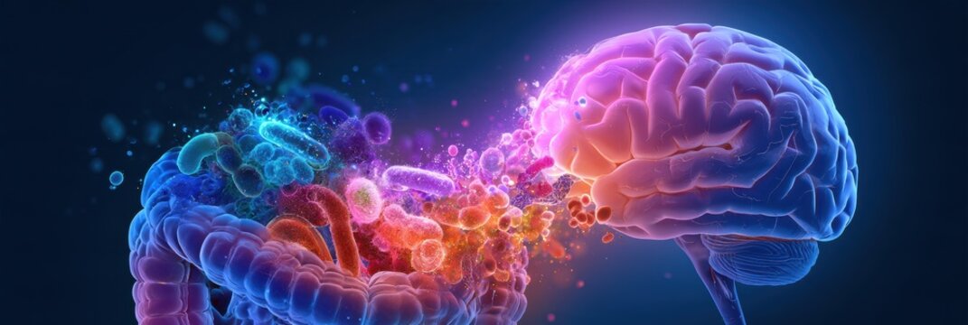A wide view of a diverse microbial ecosystem in the gut. Microbes produce compounds like GABA and serotonin that travel to the brain.