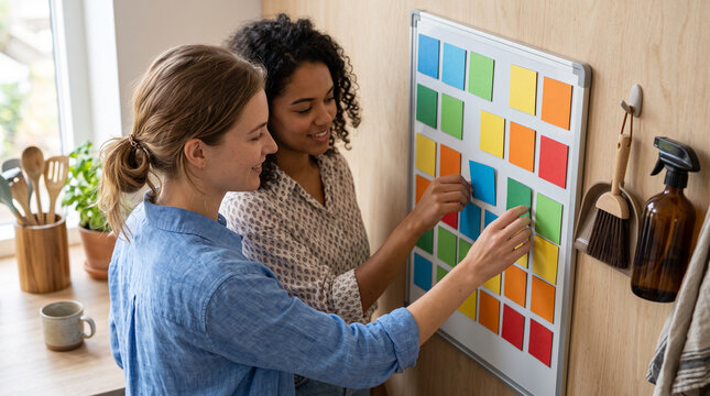 Housemates planning chores with blank colored cards