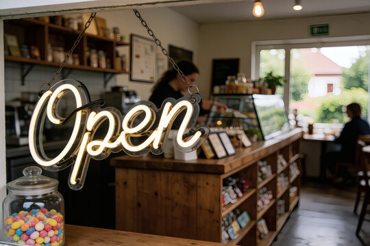 Charming Cafe Interior Showcasing An Inviting 'Open' Sign Hanging In A Cozy Setting