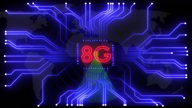 Glowing 8 g network lines connecting digital data points on a dark abstract background , Futuristic 8 G network visualizes digital data, Glowing lines and circuits enhance global connectivity