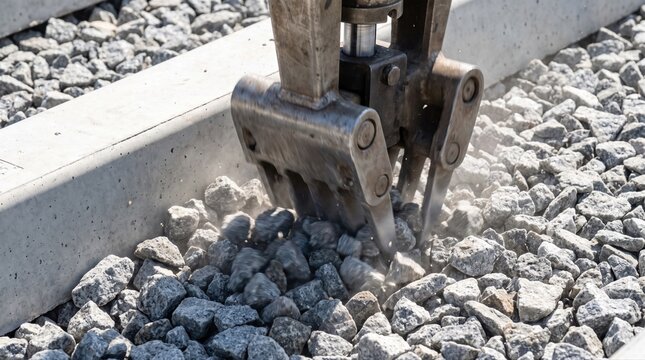 Heavy construction machinery attachment compacting a layer of granite aggregate next to a concrete sleeper, representing groundwork and railway track bed preparation