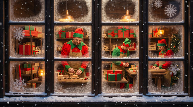 Christmas workshop workers dressed as elves making wooden toys and wrapping gifts behind snowy frosted windows.