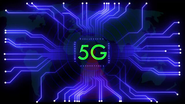 Glowing 5 g network lines connecting digital data points on a dark abstract background , Futuristic 5 G network visualizes digital data, Glowing lines and circuits enhance global connectivity