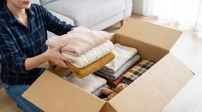 Woman packing folded sweaters and clothes into large cardboard box while organizing wardrobe at home for winter season.
