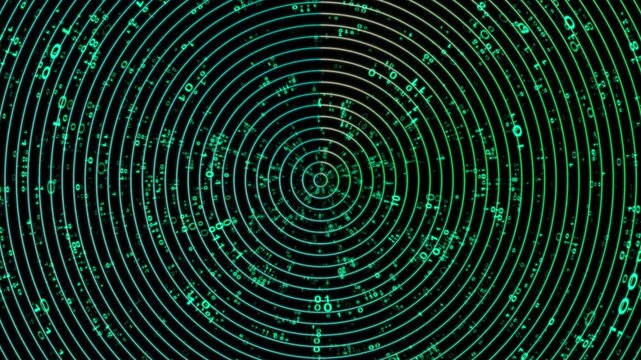 Abstract Digital Background Featuring Glowing Cyan Concentric Circles And Floating Binary Code Elements On A Dark Void For Futuristic Cybersecurity Data Visualization Concepts With A Hypnotic And High
