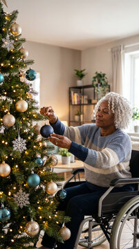 Senior black woman in wheelchair decorating illuminated christmas tree with ornaments in cozy home interior showing independence lifestyle.